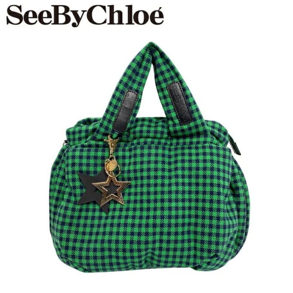 See By Chloe Green and Black Checkered Satchel